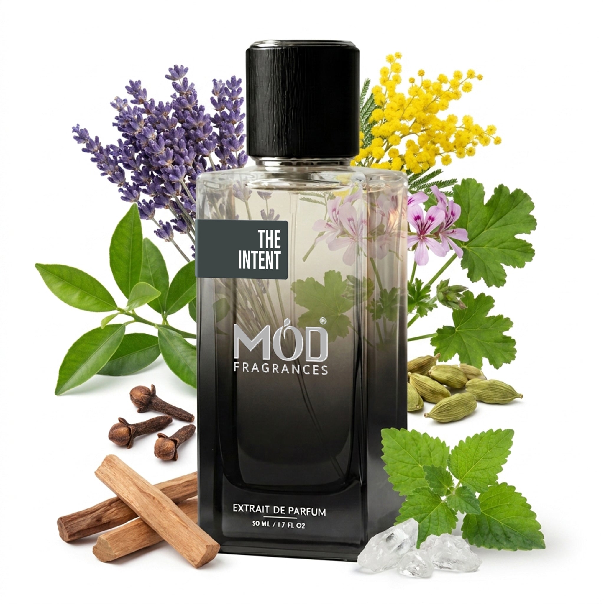 Perfume bottle labeled 'The Intent' surrounded by flowers and herbs on a white background