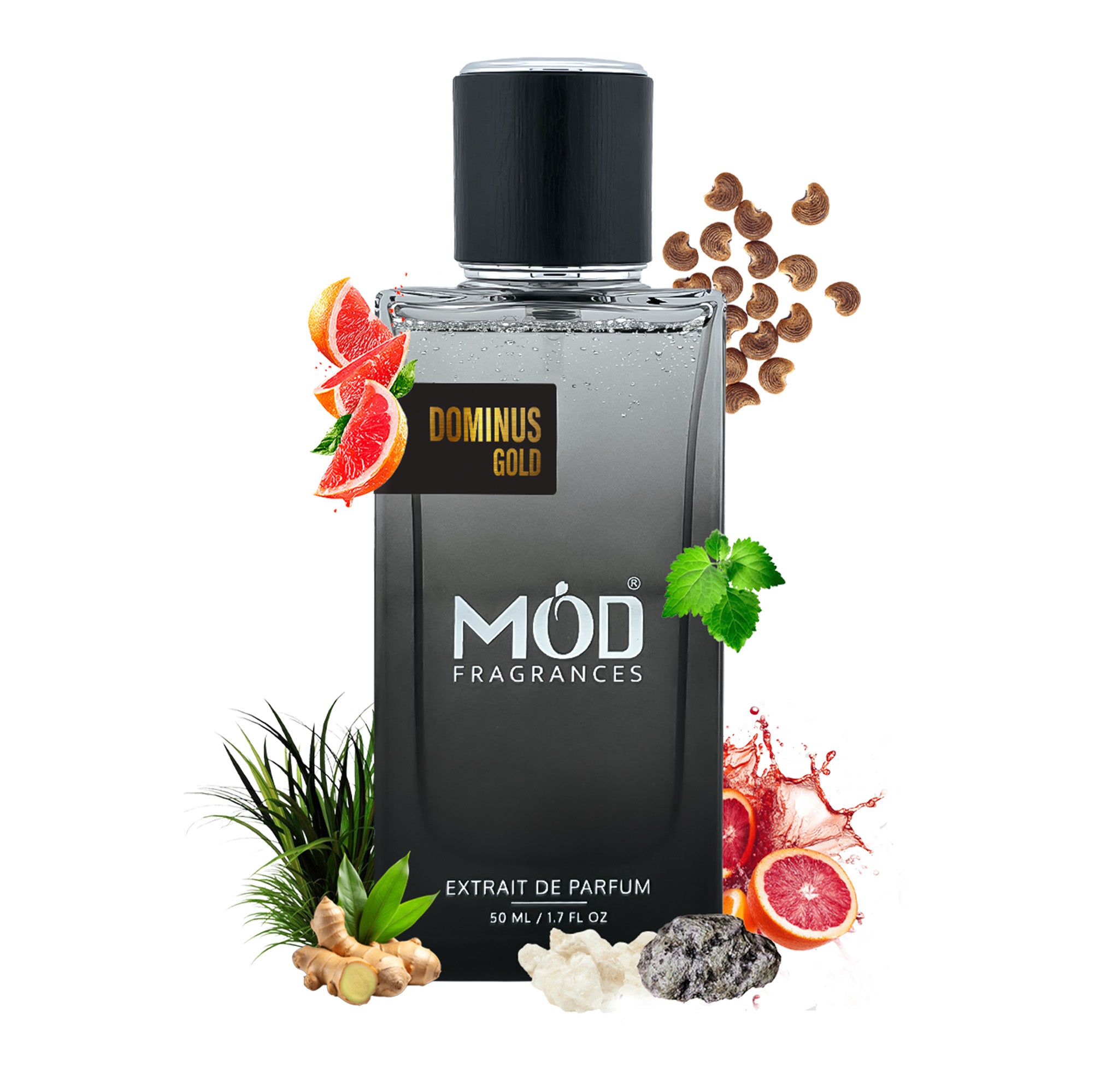 Black perfume bottle labeled 'DOMINUS GOLD' by 'MöD FRAGRANCES' with fruit and plant elements on a white background.