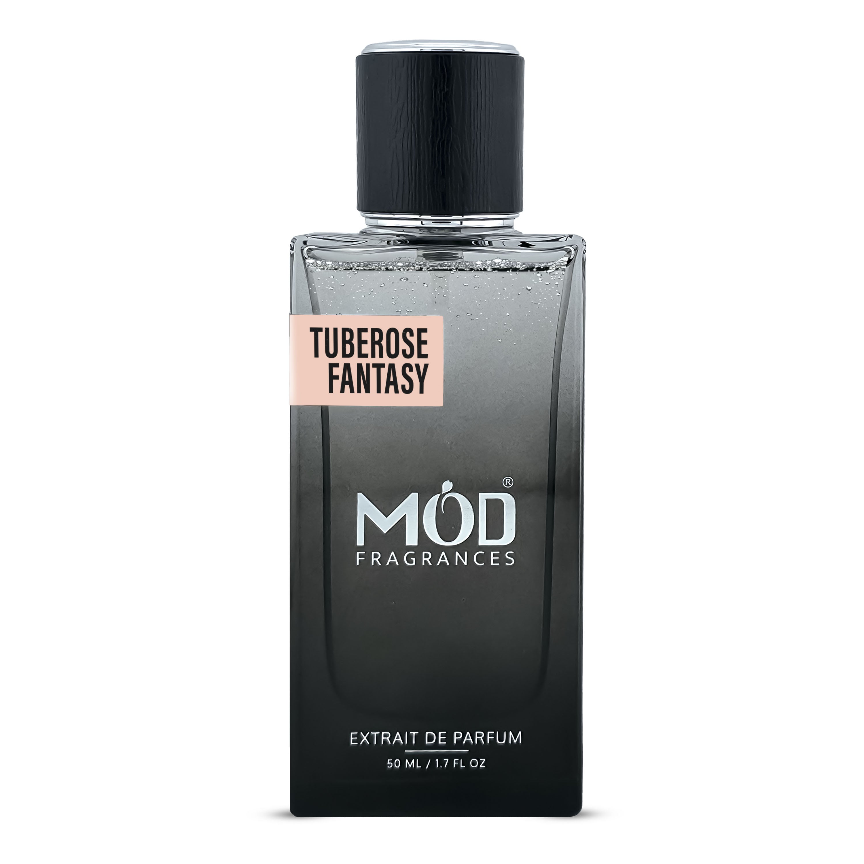 Inspired by Twilly d'Hermes Eau de parfum - A 50ml bottle of MOD FRAGRANCES Extrait de Parfum, named 'Tuberose Fantasy', featuring a black-to-clear gradient glass bottle with a black cap, set against a plain white background.
