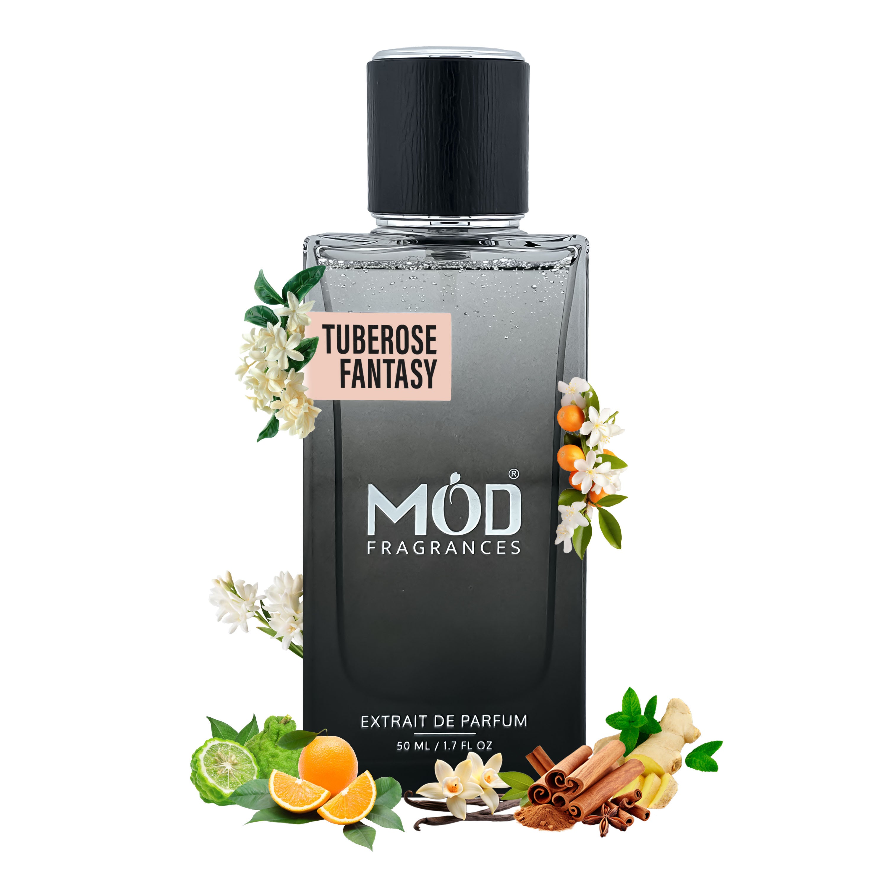 A bottle of MOD FRAGRANCES 'Tuberose Fantasy' extrait de parfum, featuring a dark gray gradient glass bottle with a black cap, surrounded by illustrations of white tuberose flowers and citrus fruits on a solid white background.
