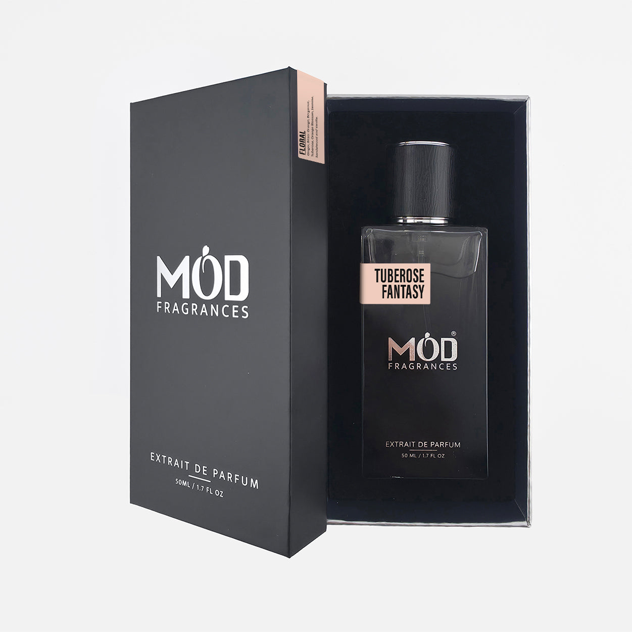 MOD Fragrances Tuberosé Fantasy Extract de Parfum bottle displayed next to its black packaging box on a light gray background.