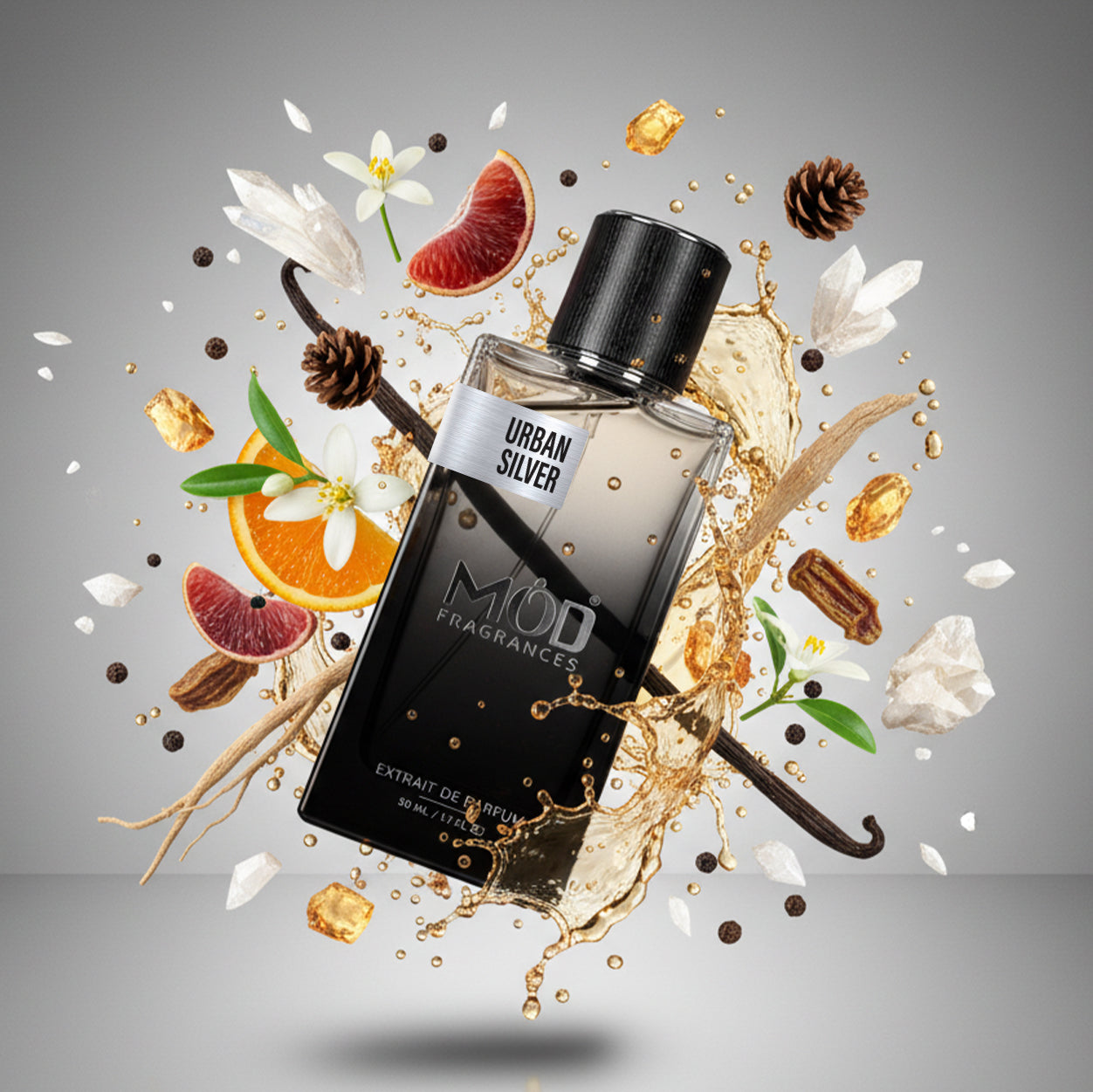 Inspired by Allure Homme Sport Perfume bottle with 'Urban Silver' label surrounded by floral and fruit elements on a gray background