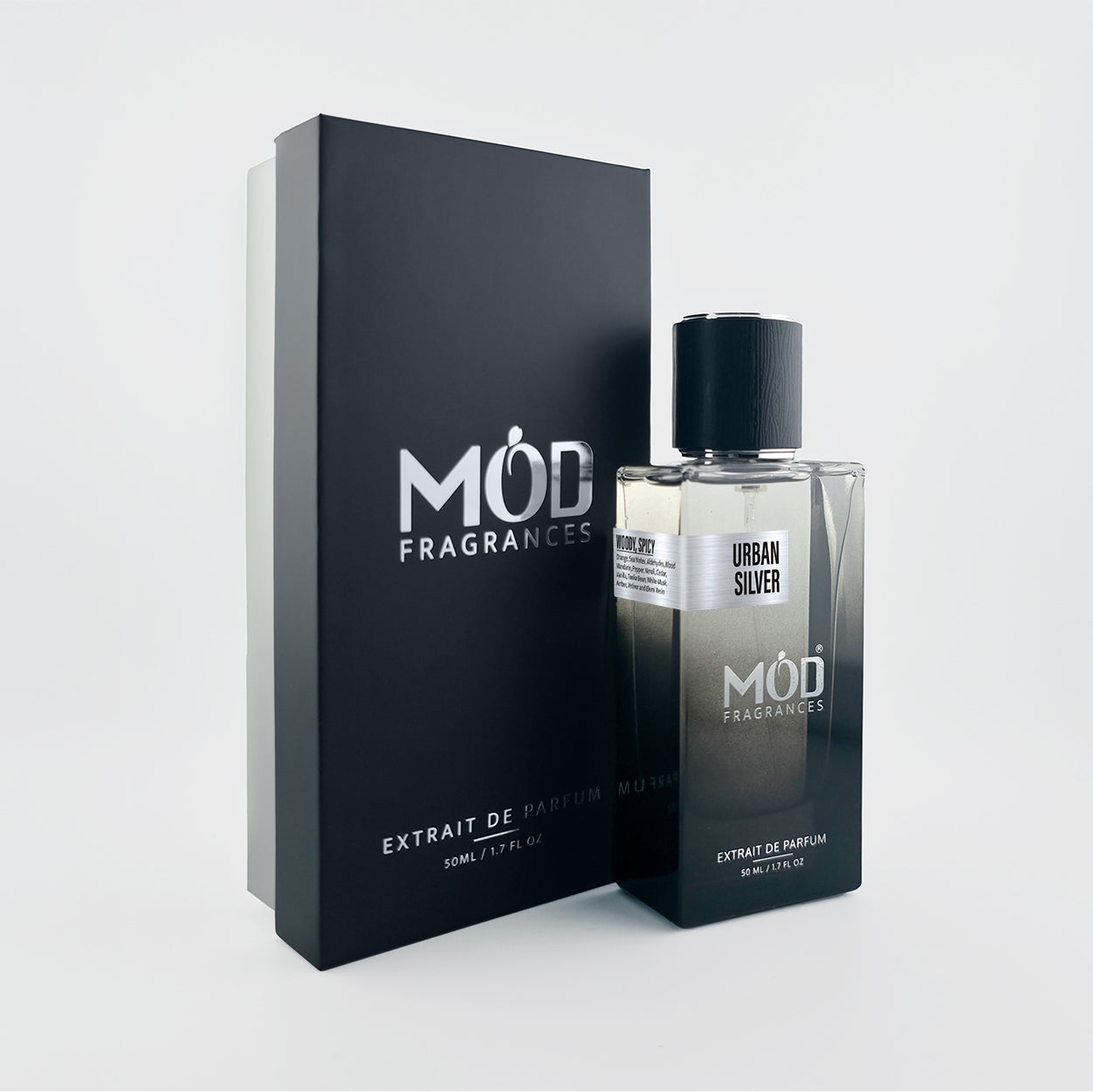 Inspired by Allure Homme Sport  Mod Fragrances Urban Silver perfume bottle and packaging on a light gray background