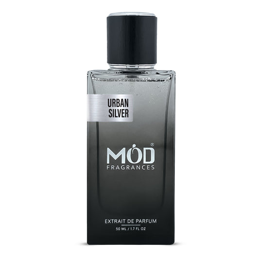 Inspired by Allure Homme Sport Black perfume bottle labeled 'Urban Silver' by Möd Fragrances on a white background