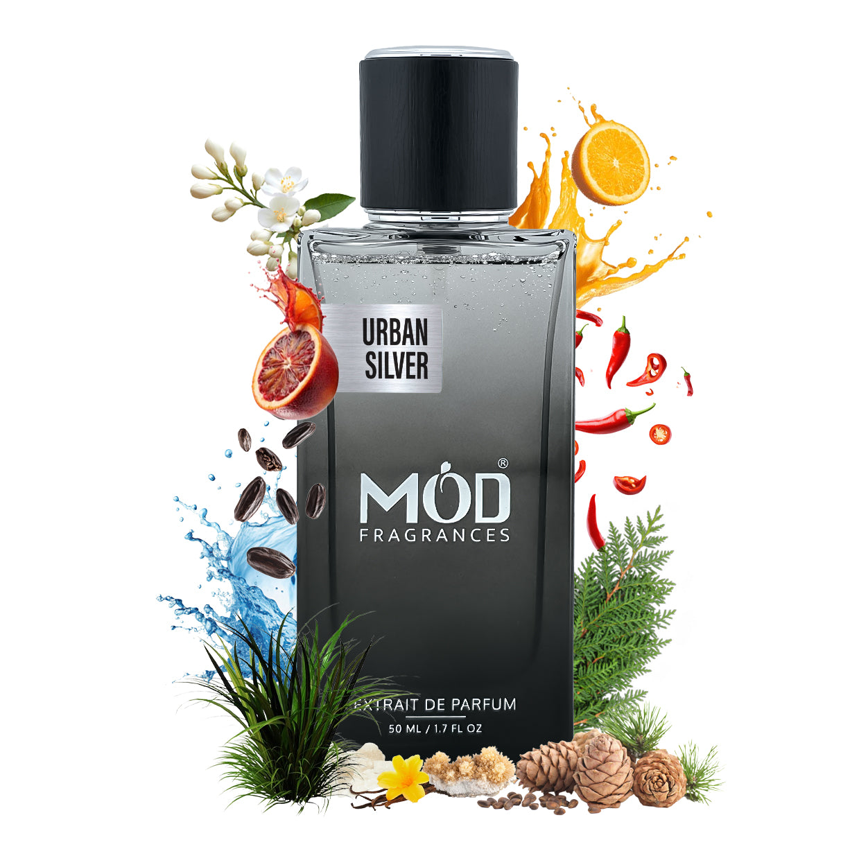 Inspired by Allure Homme Sport Bottle of Urban Silver Möd Fragrances with natural elements on a white background