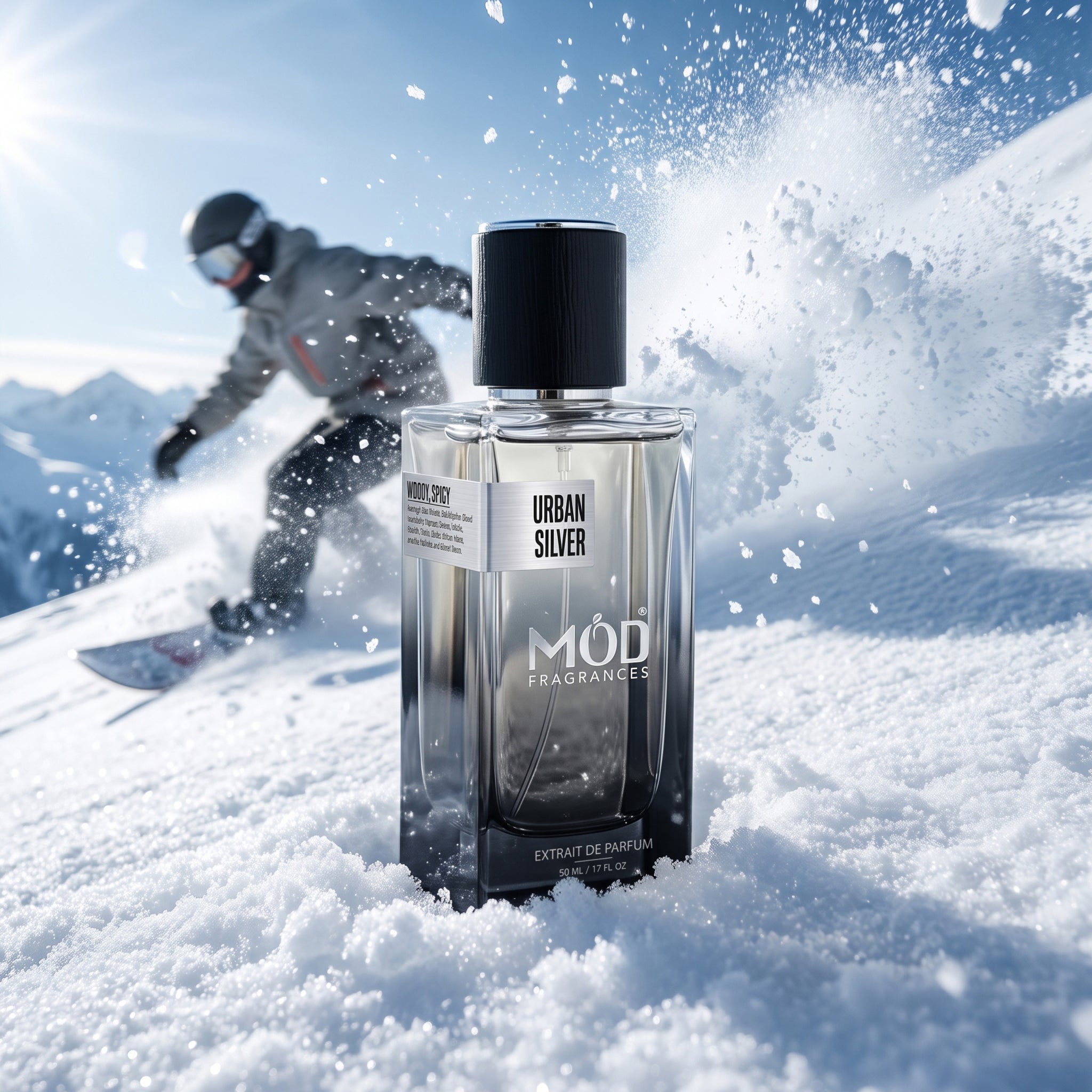 A rectangular glass perfume bottle by MOD Fragrances, labeled "Urban Silver" is placed on freshly fallen snow, behind the bottle a sportsman doing ski on snowboard. snow splash, bright sunlight, mountains, heavy snow.