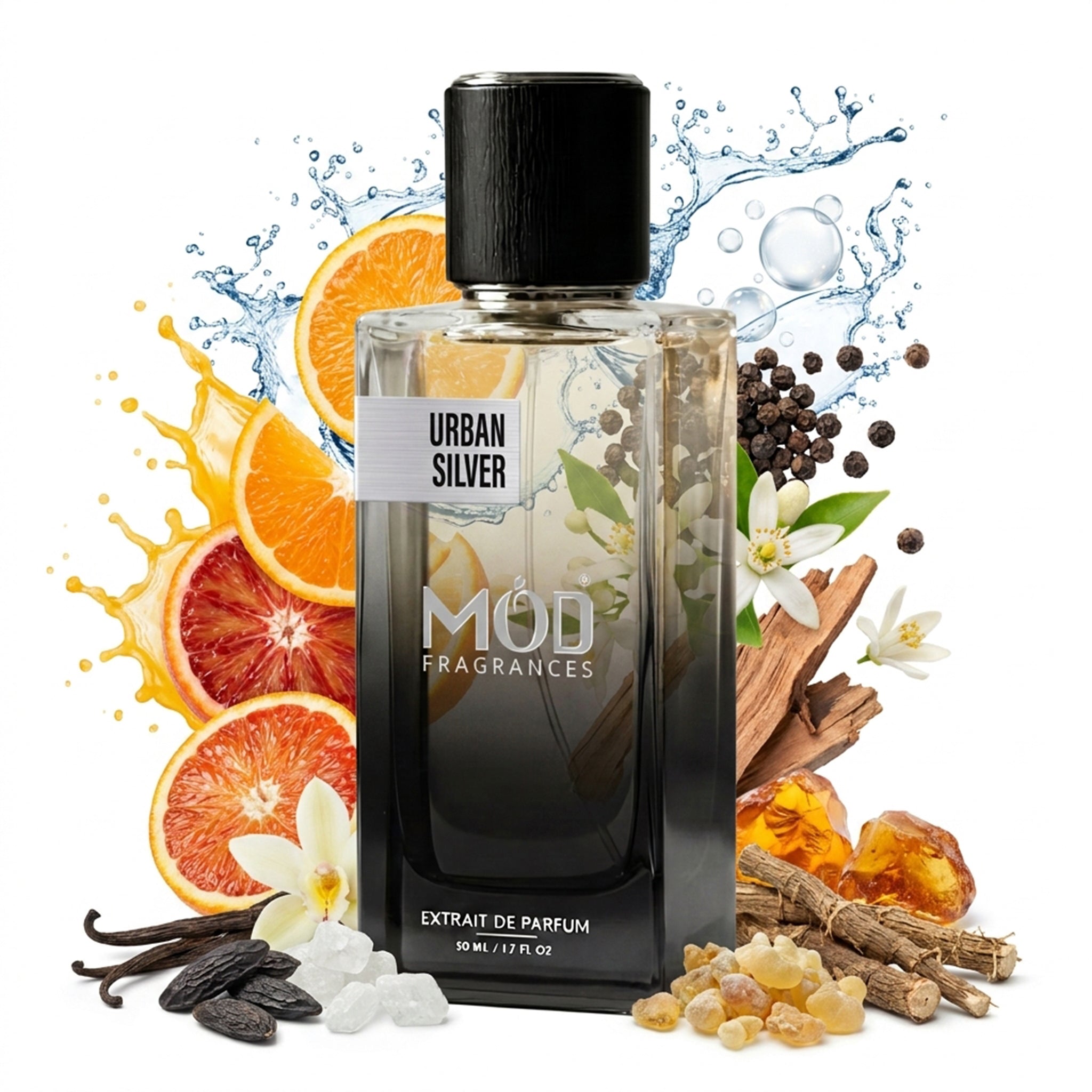 A glass perfume bottle by MOD Fragrances, labeled “Urban Silver” is surrounded by a vibrant artistic arrangement of its fragrance ingredients, including orange, blood mandarin, sea water, tonic beans, vanilla, Peru balsam, amber, musk, sandalwood, cedar, pepper. against a white background.