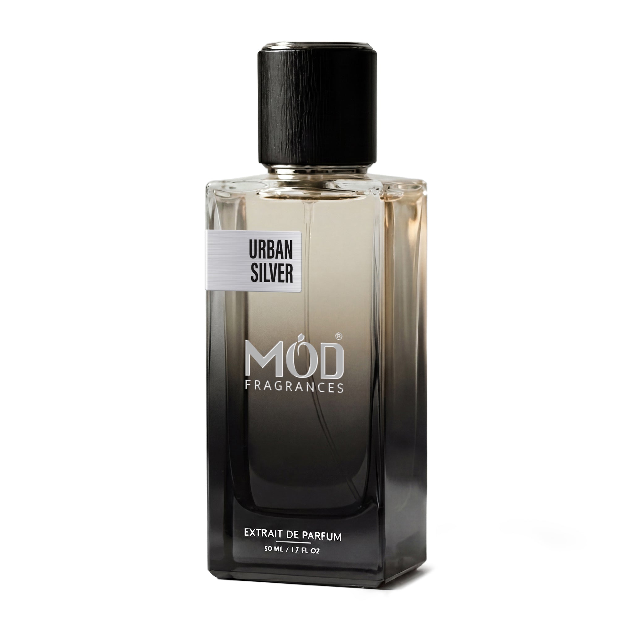 A rectangular glass perfume bottle by MOD Fragrances, labeled “Urban Silver” stands centered against a plain white background, featuring a black cap and a gradient black-to-clear glass finish.