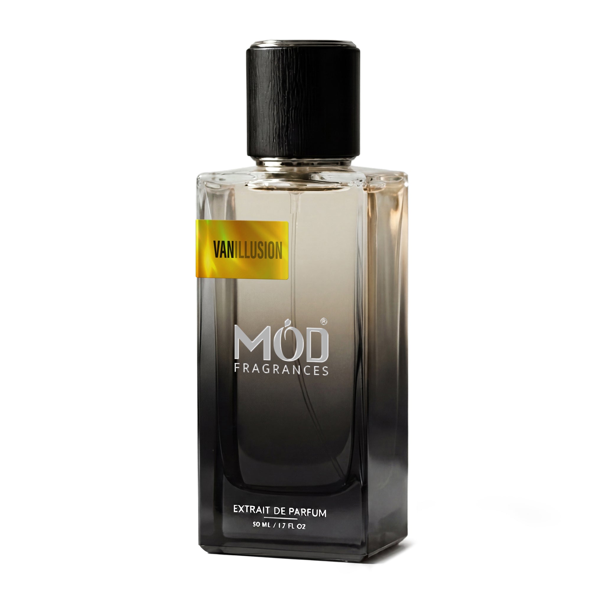 Inspired by Fantasmagory Perfume Dupe. A bottle of MOD Fragrances Vanillusion extrait de parfum, featuring a dark gradient glass bottle with a black cap and a yellow label, set against a plain white background.