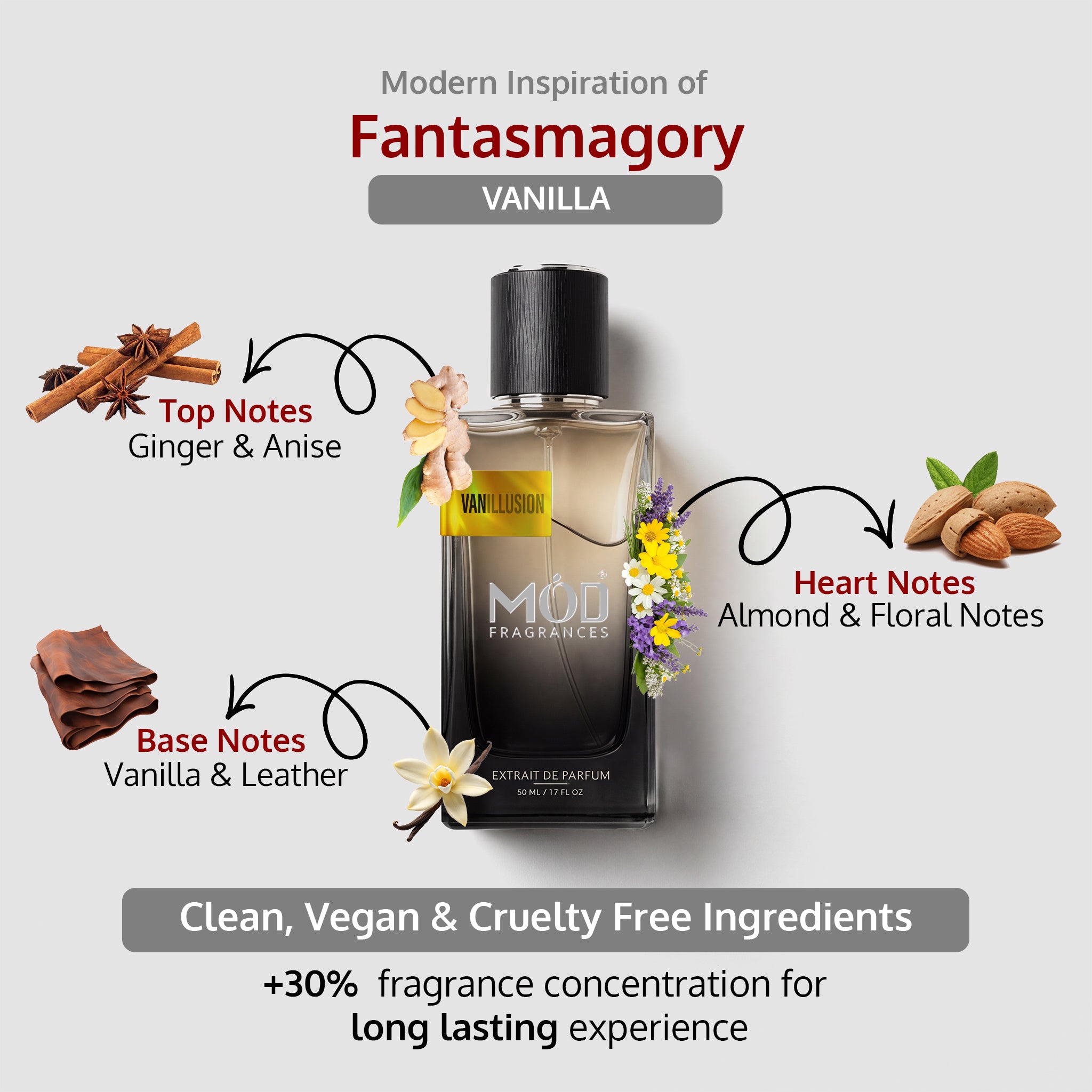 A fragrance bottle labeled MOD FRAGRANCES 'Vanilla' centered on a light gray background, surrounded by scent notes and ingredient illustrations: cinnamon sticks, star anise, vanilla flower, almonds, and leather. Text reads 'Modern Inspiration of Fantasmagory VANILLA' and 'Clean, Vegan & Cruelty Free Ingredients.