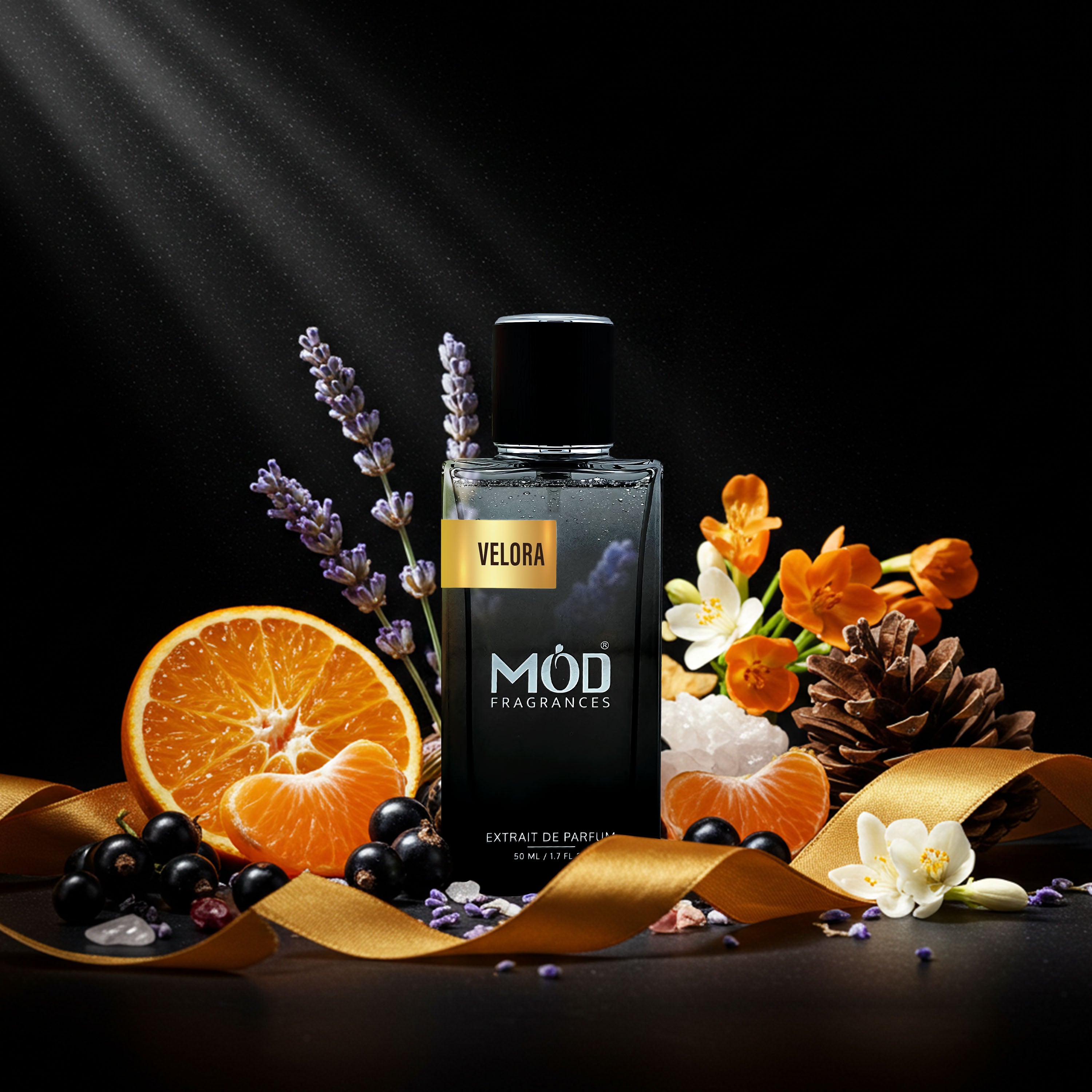 Velora Mod Fragrances bottle with decorative elements on a dark background