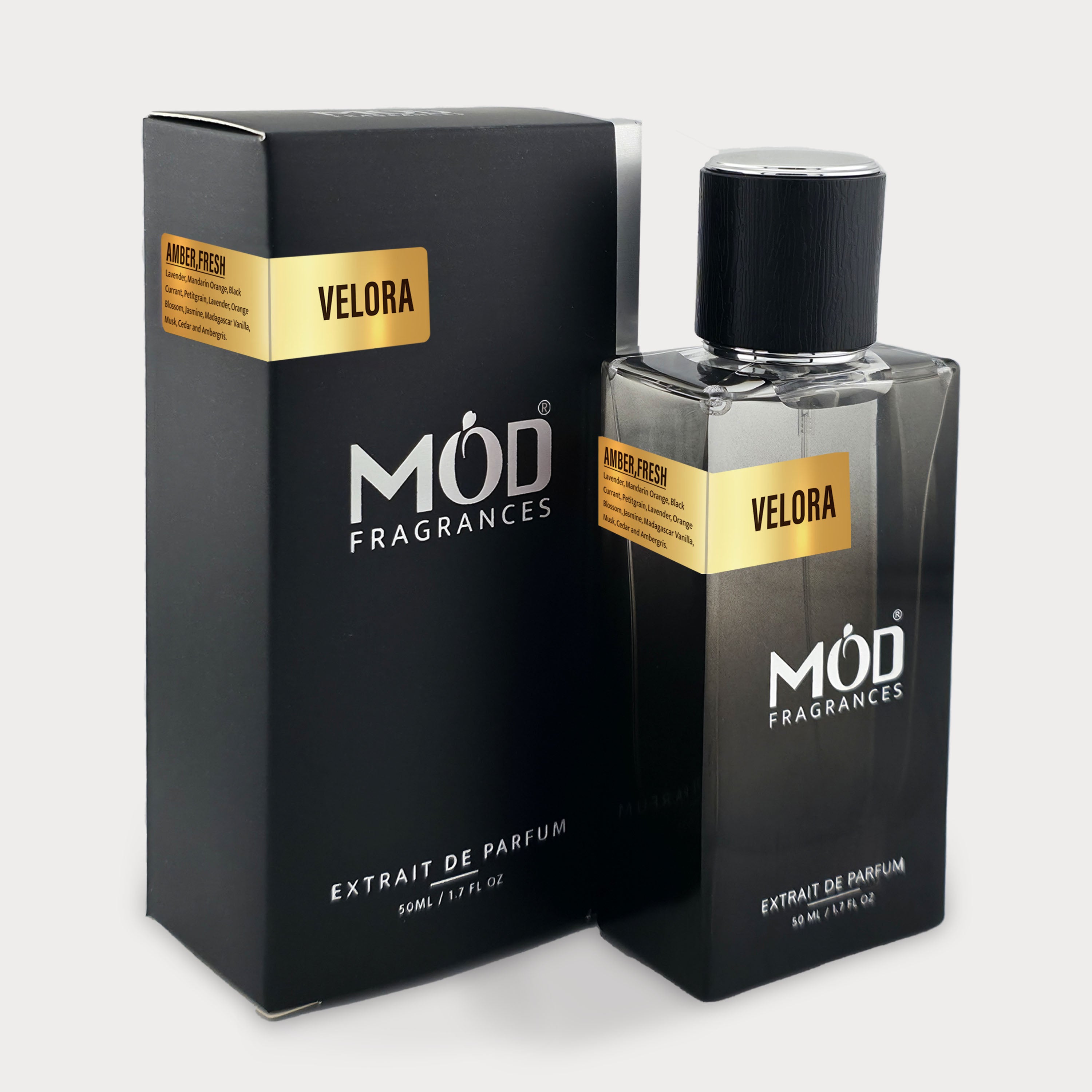 Libre Perfume Dupe Möd Fragrances Velora perfume bottle and packaging on a white background