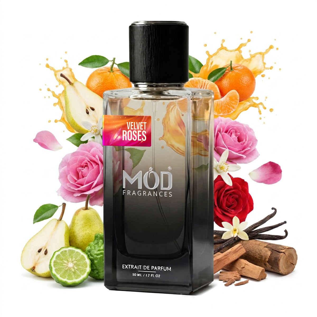 A bottle of MOD Fragrances Extrait de Parfum in 'Velvet Roses' scent, displayed on a white background surrounded by illustrative graphics of roses, pears, oranges, cinnamon, and vanilla beans.