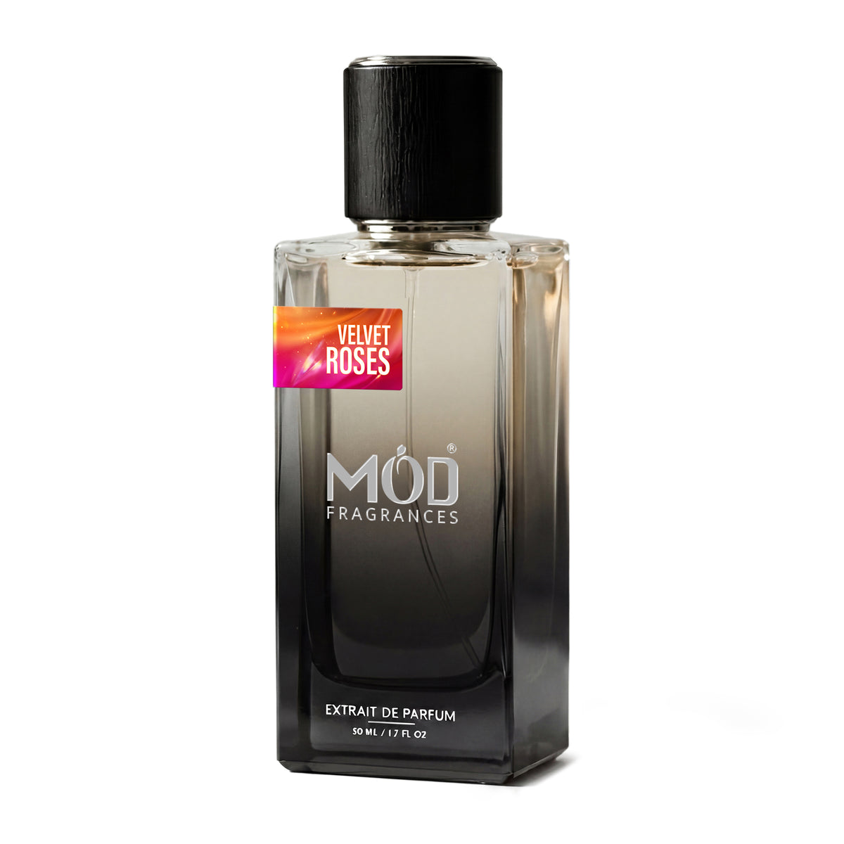 Inspired by BDK Impadia A bottle of MOD Fragrances Velvet Roses Extrait de Parfum, featuring a dark gradient glass bottle with a black cap and a colorful orange and pink label.