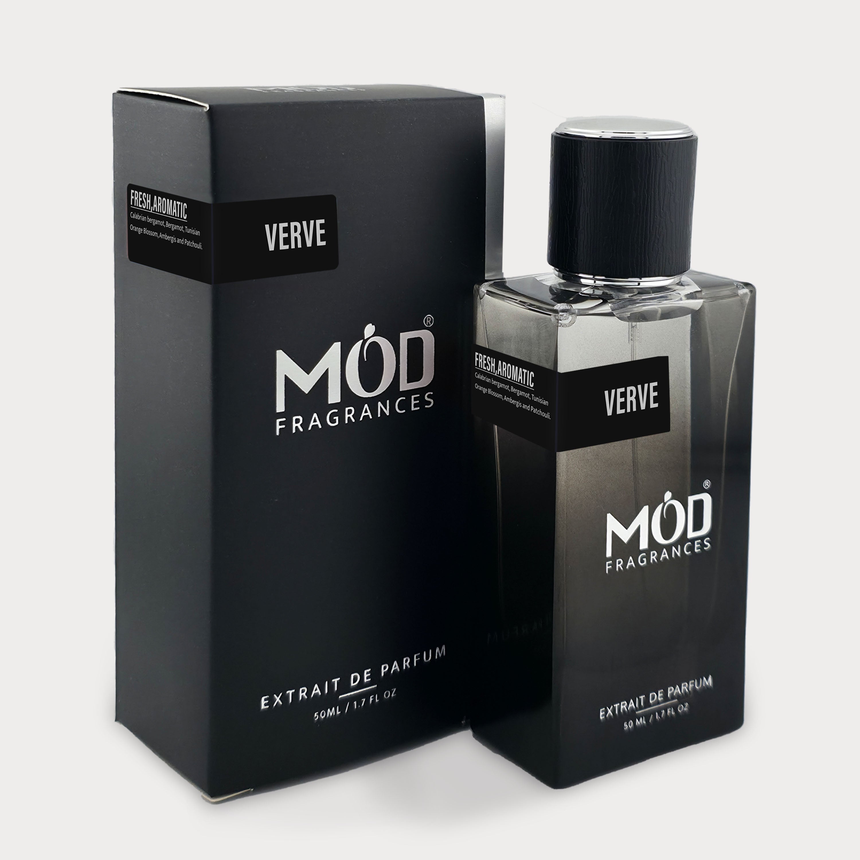 Möd Fragrances Verve perfume bottle and packaging on a white background Inspired by Myself