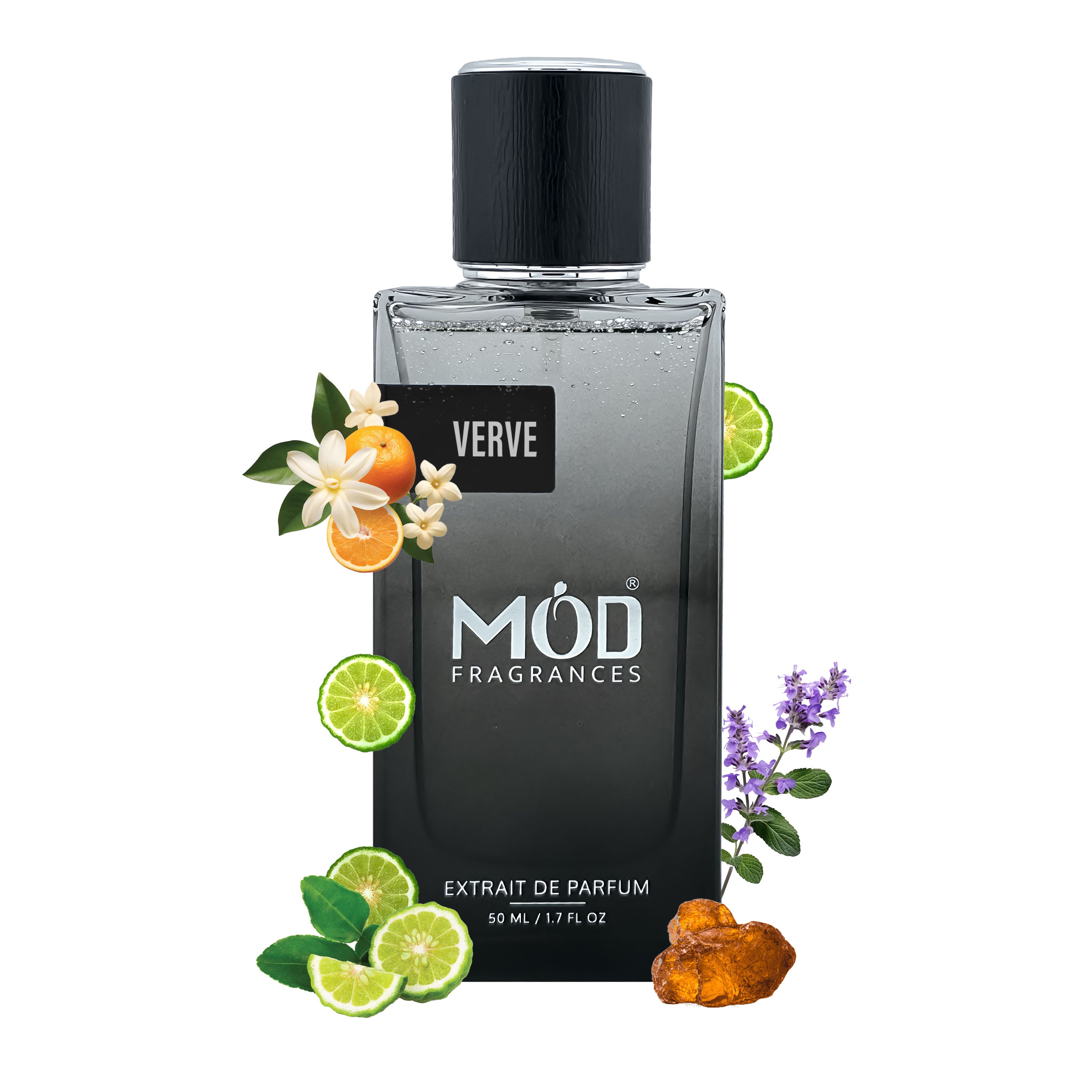 Perfume bottle labeled 'Verve' by 'Möd Fragrances' with floral and fruit elements on a white background Inspired by Myself