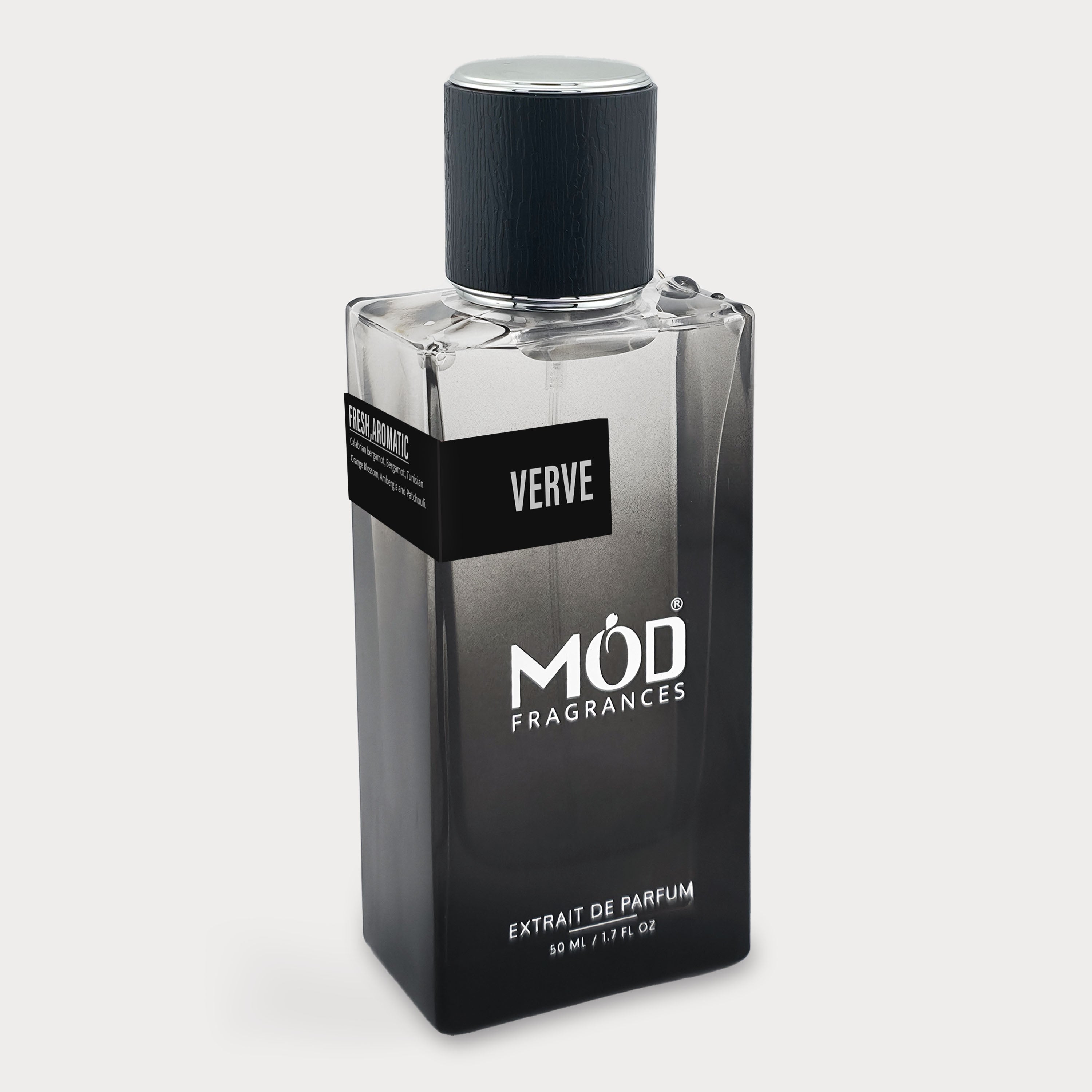 Clear perfume bottle with black cap labeled 'Verve' by 'MOD Fragrances' on a light gray background Inspired by Myself