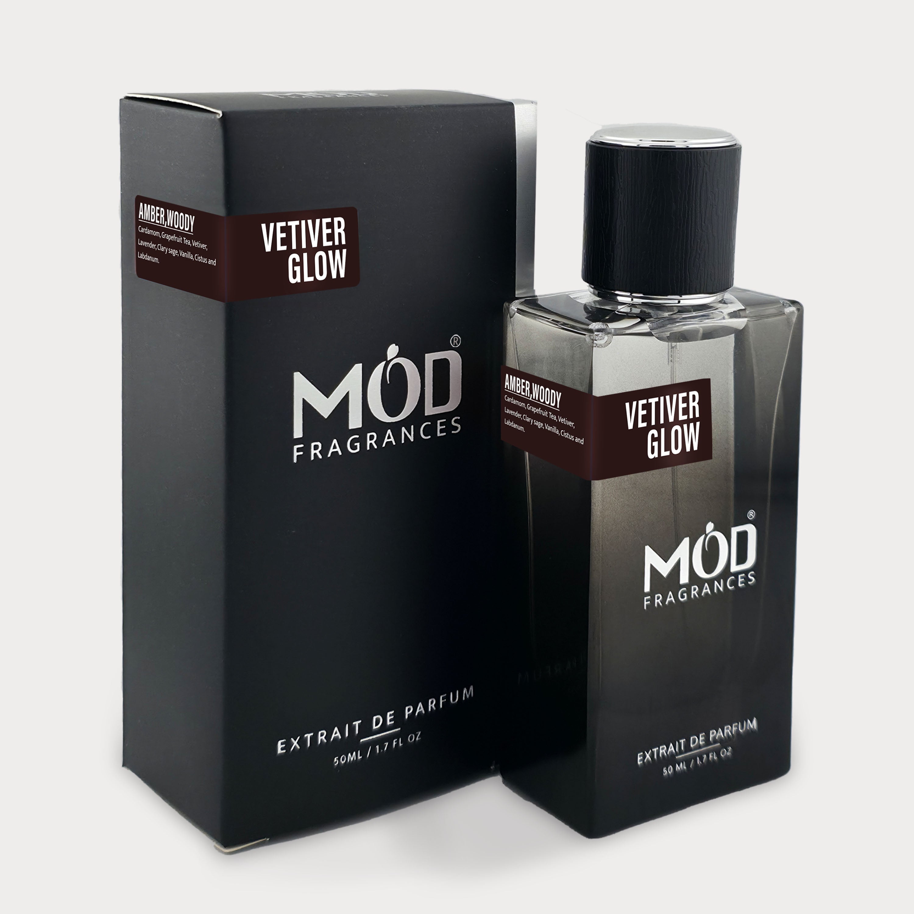 Vetiver & Golden Vanilla Dupe Möd Fragrances Vetiver Glow perfume bottle and packaging on a white background