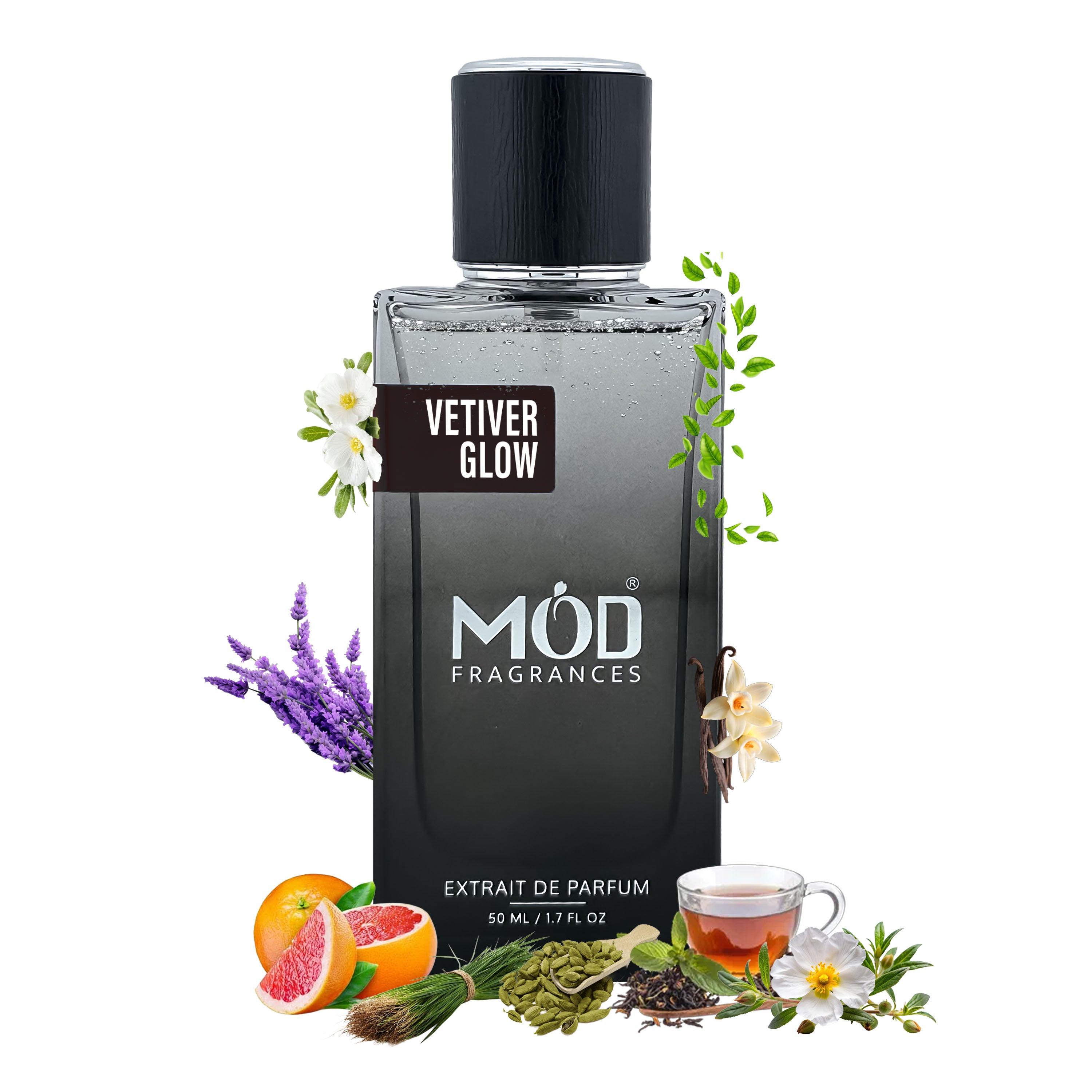 Vetiver & Golden Vanilla Dupe Möd Fragrances Vetiver Glow perfume bottle with botanical elements on a white background