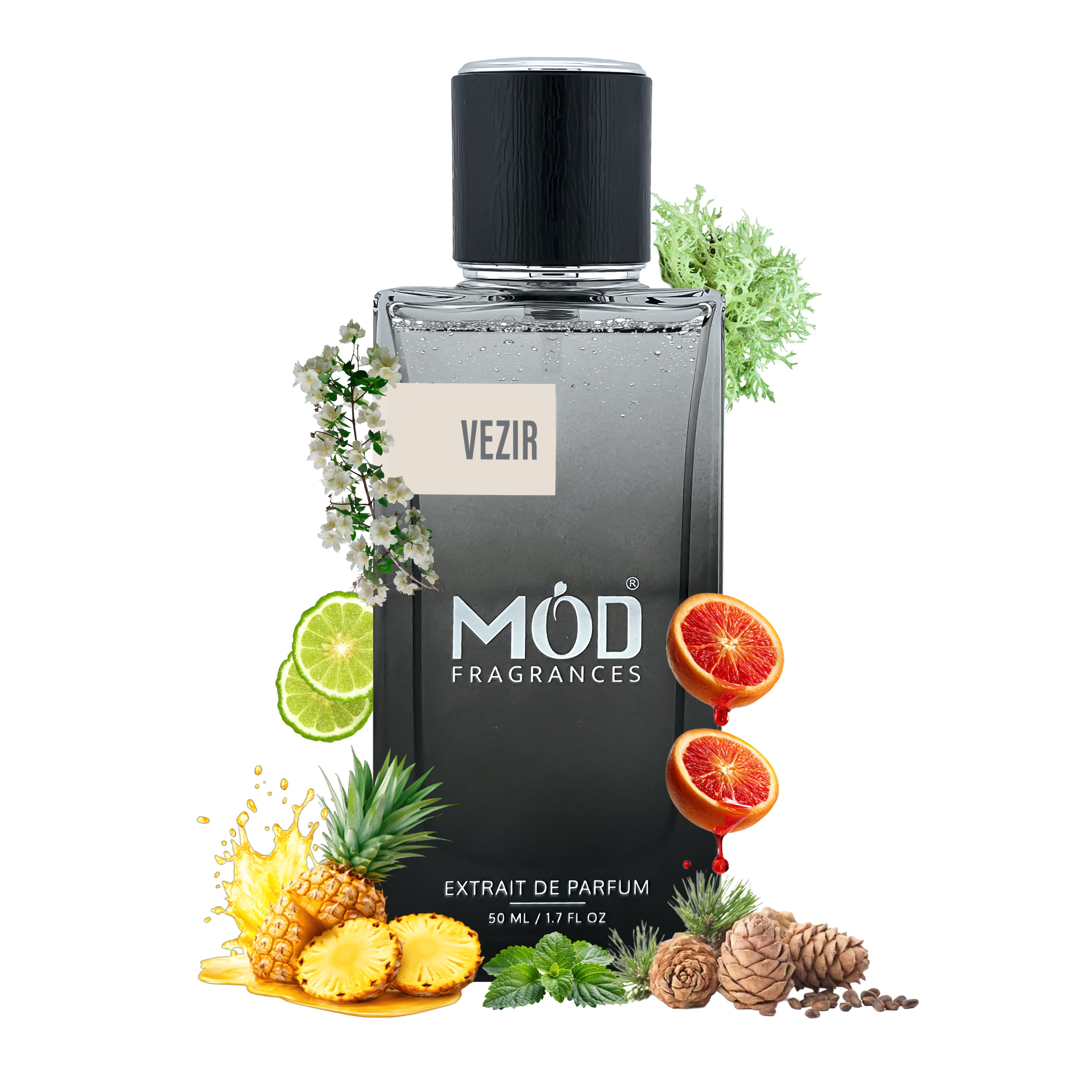 Inspired by Hacivat Vezir Möd Fragrances bottle with fruit and plant elements on a white background