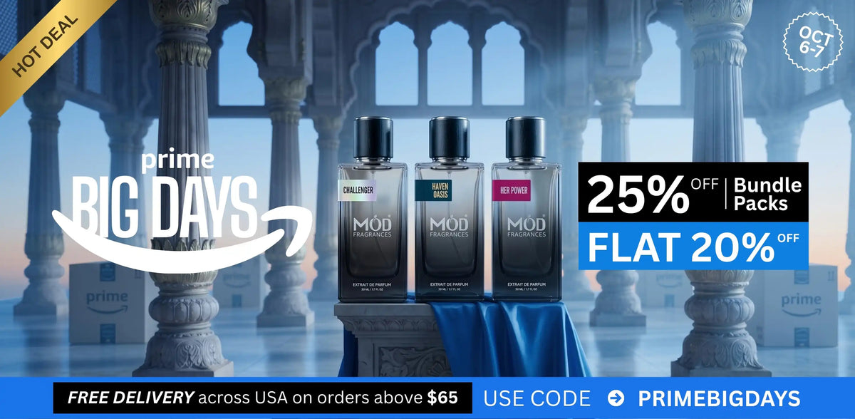 Promotional banner for Prime Big Days bundle packs featuring three MOD fragrance bottles on a pedestal in front of an architectural background. Text highlights 25% off bundle packs, flat 20% off, free delivery, and use code PRIMEBIGDAYS.