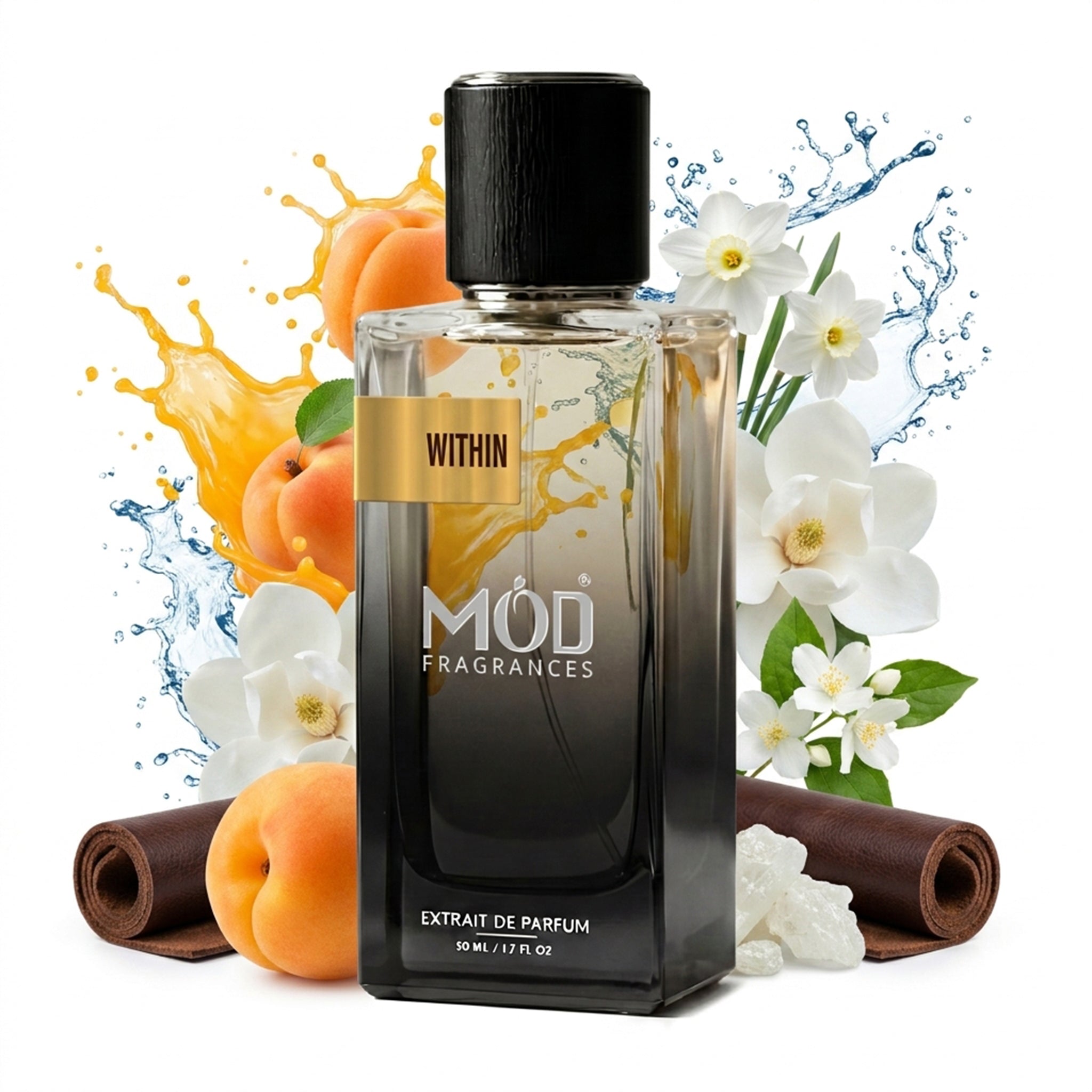 Inspired by Dan La Peau Perfume Dupe  with apricots and flowers on a white background