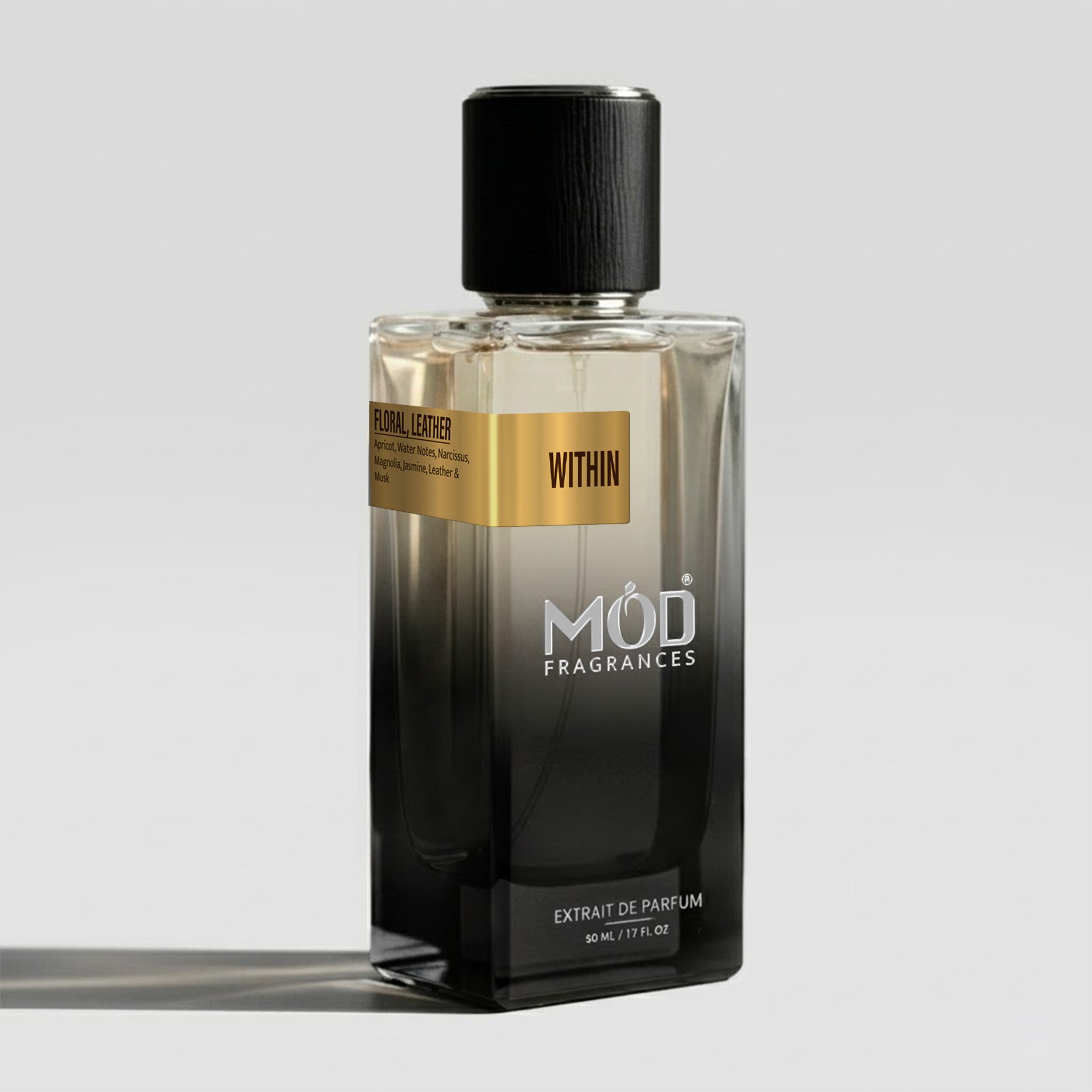 Perfume bottle labeled 'MOD Fragrances' on a gray background
