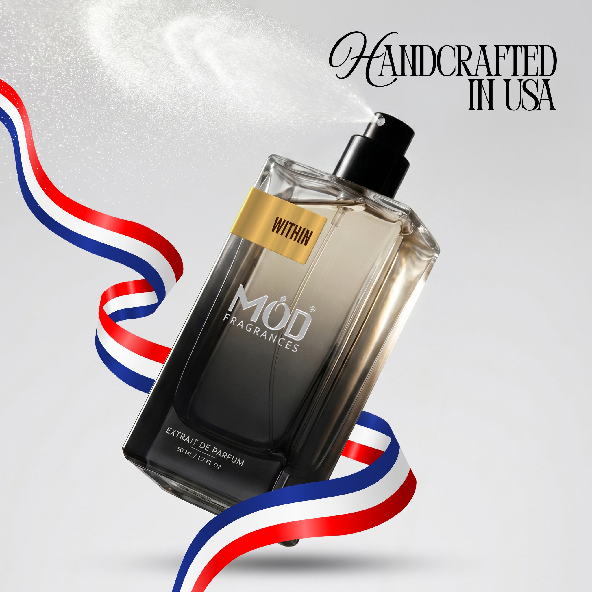 Perfume bottle labeled 'MÖd Fragrances' with 'Seraphic' on a gray background with red, white, and blue ribbons.