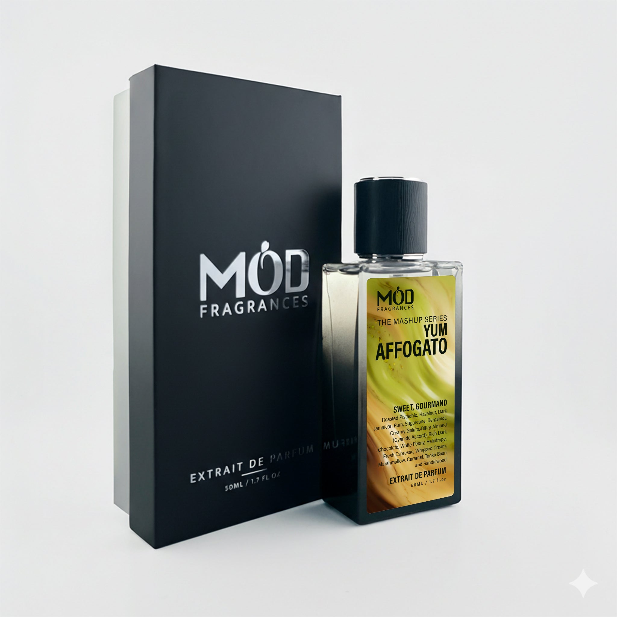 Möd Fragrances Yum Affogato perfume bottle and packaging on a light gray background