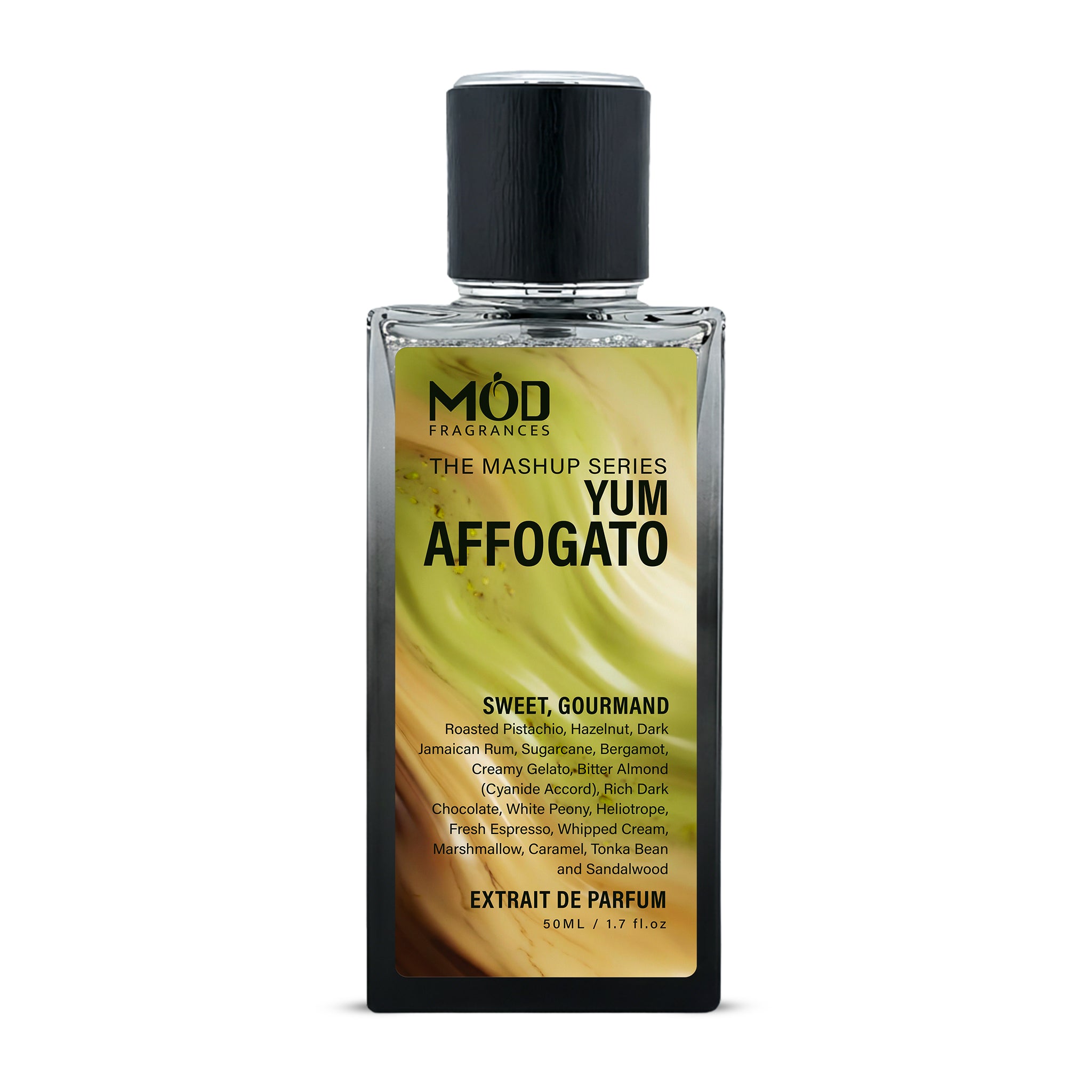 Perfume bottle labeled 'Yum Affogato' by MOD Fragrances on a white background