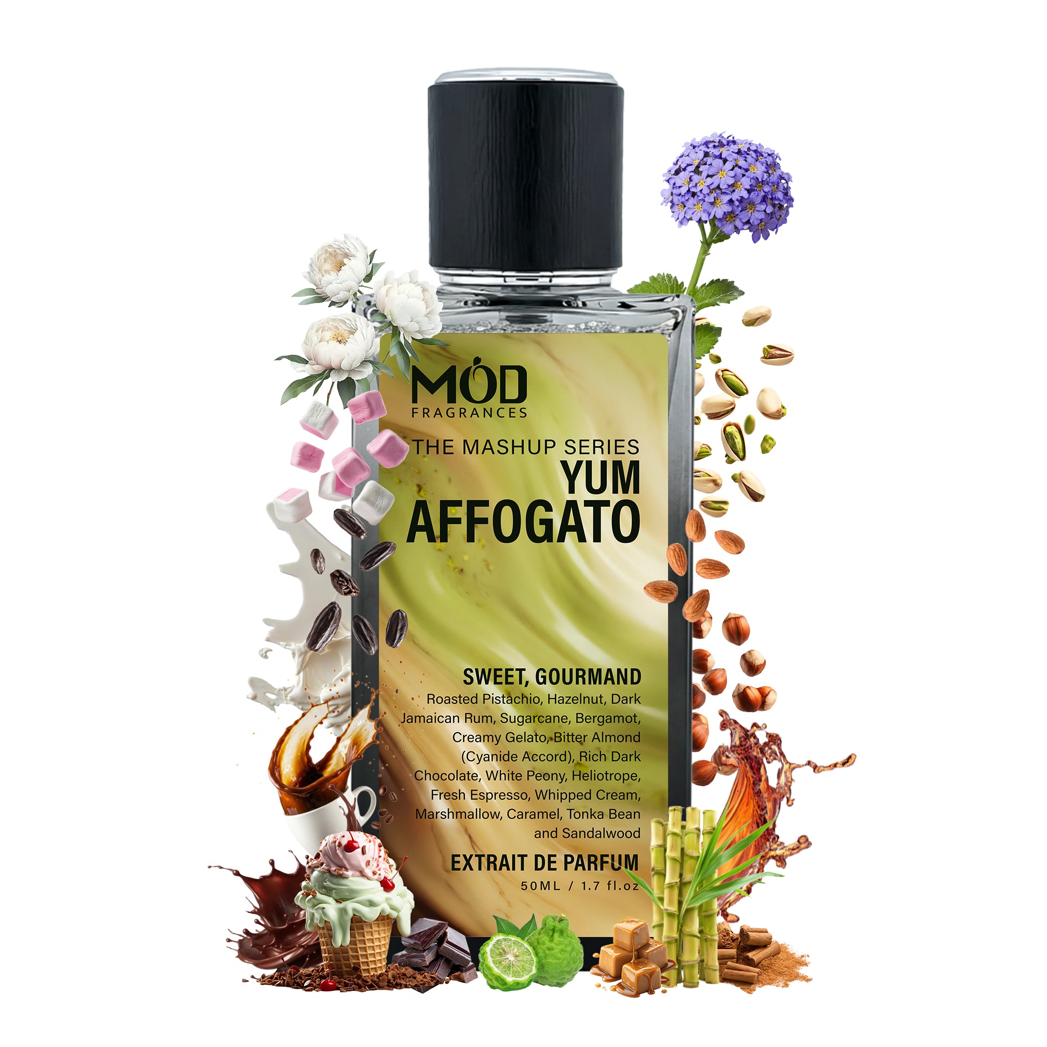 Möd Fragrances Yum Affogato perfume bottle with flavor elements on a white background