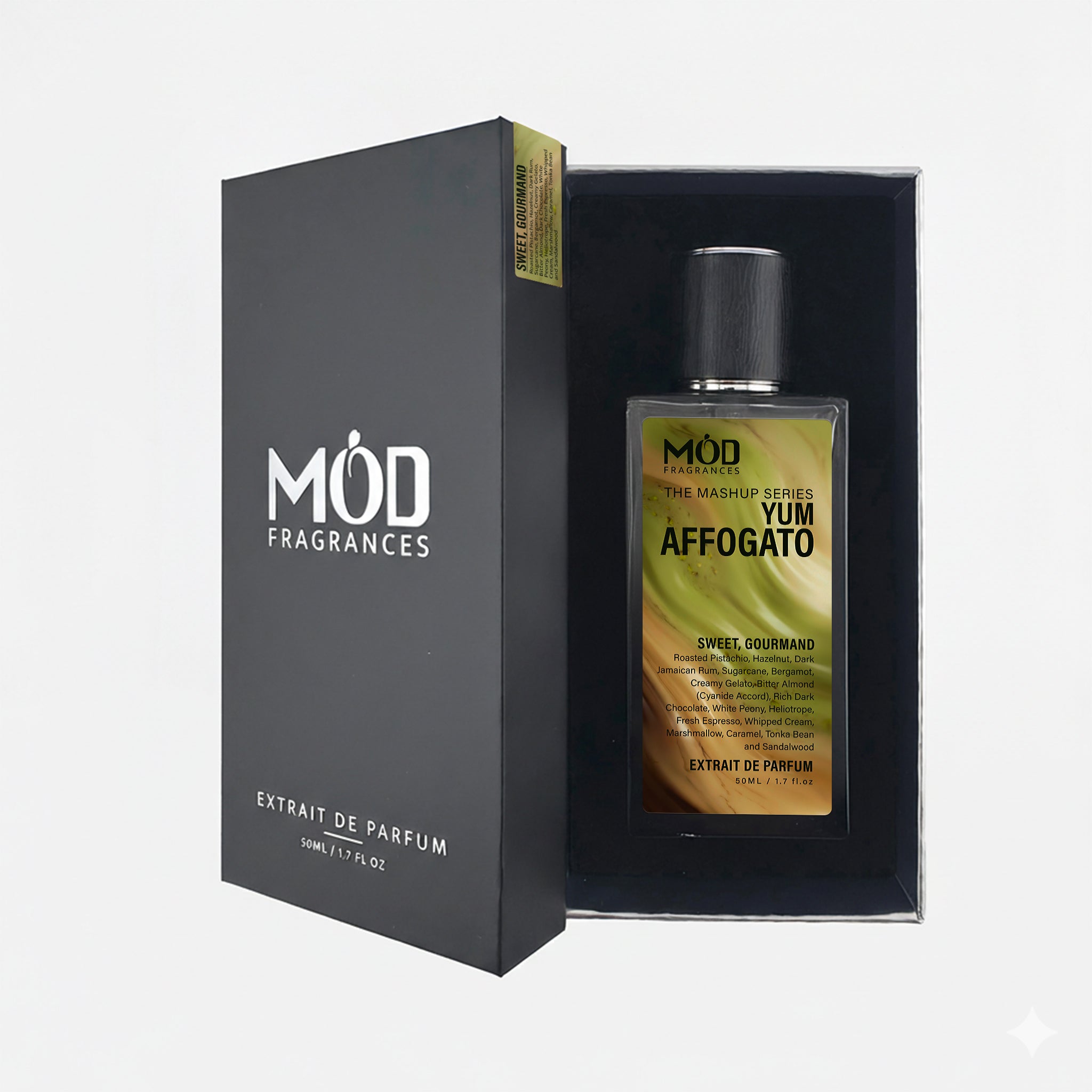 Möd Fragrances Yum Affogato perfume bottle with packaging on a white background