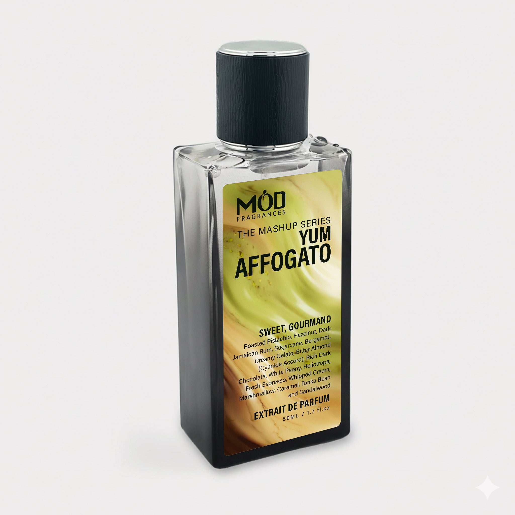 Perfume bottle labeled 'Yum Affogato' by MOD Fragrances on a white background
