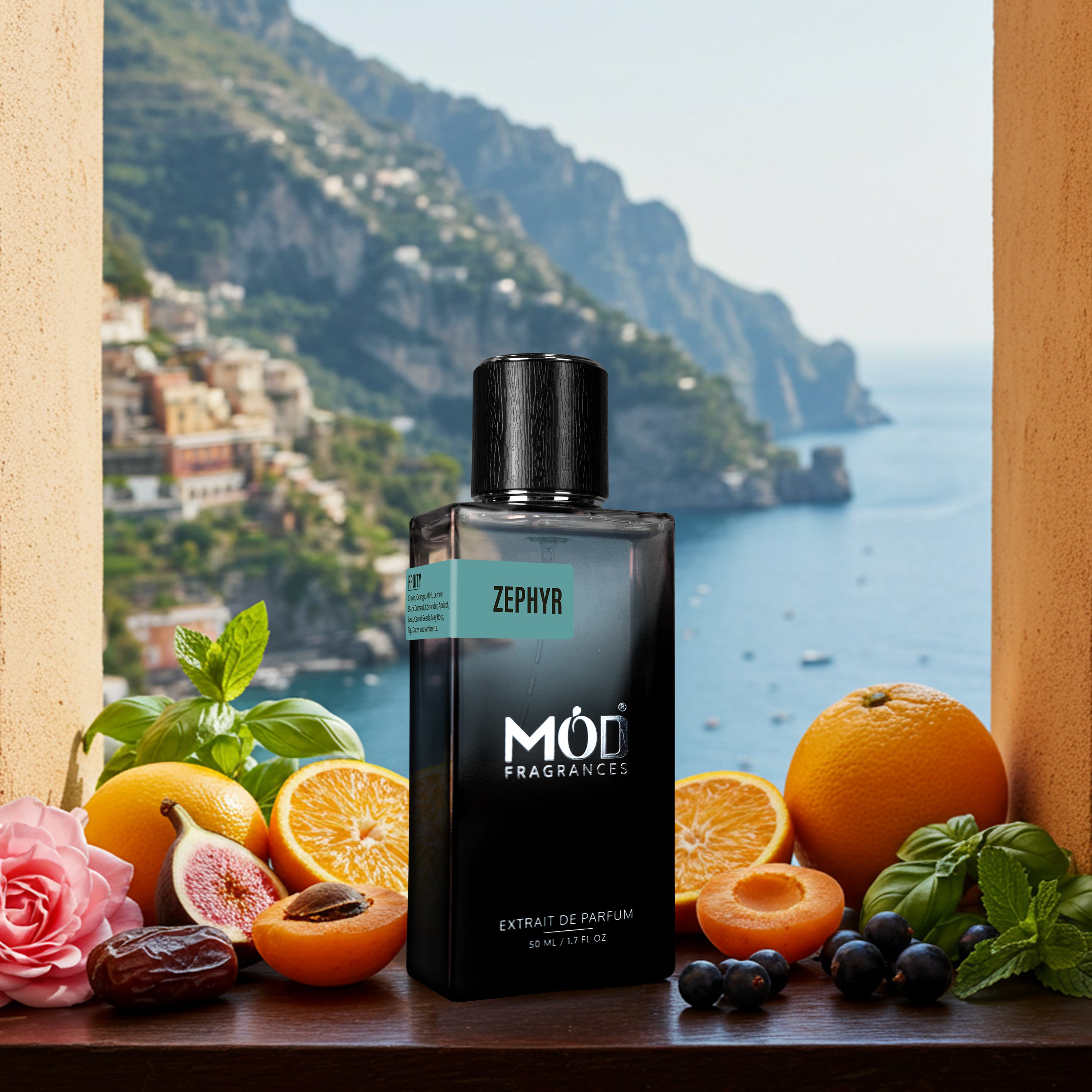 Zephyr Möd Fragrances bottle with fruits and flowers on a scenic background