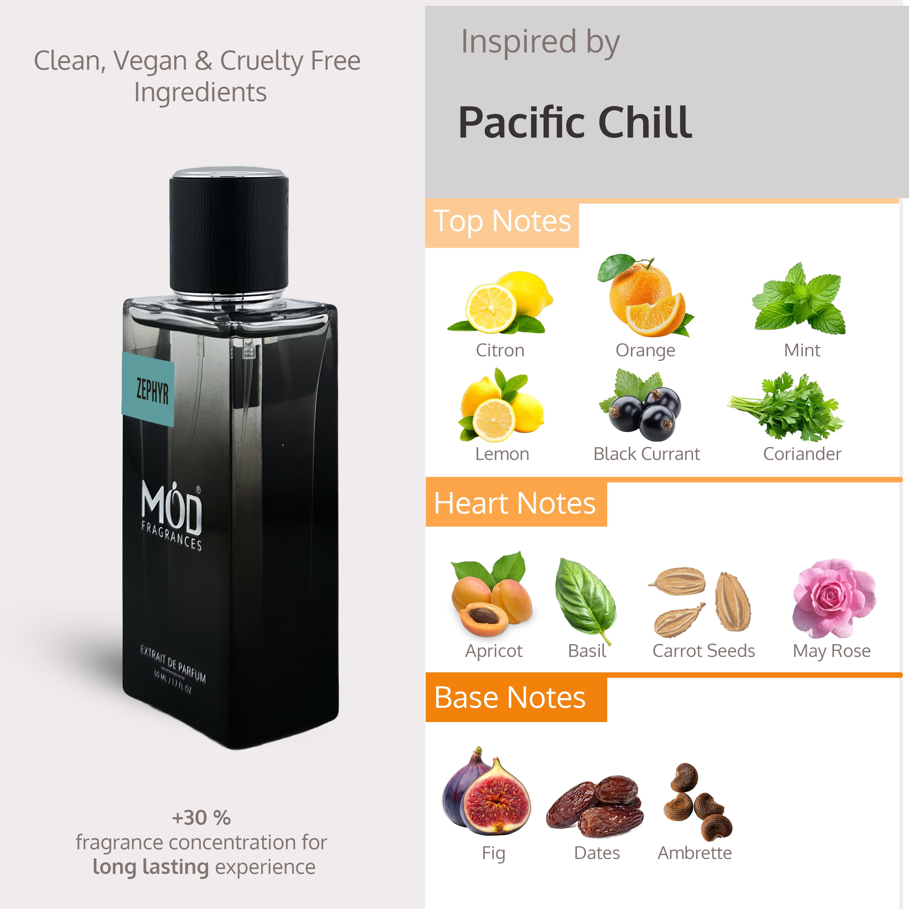 Inspired by Pacific Chill Perfume Dupe Black perfume bottle with fragrance notes displayed on a gray background