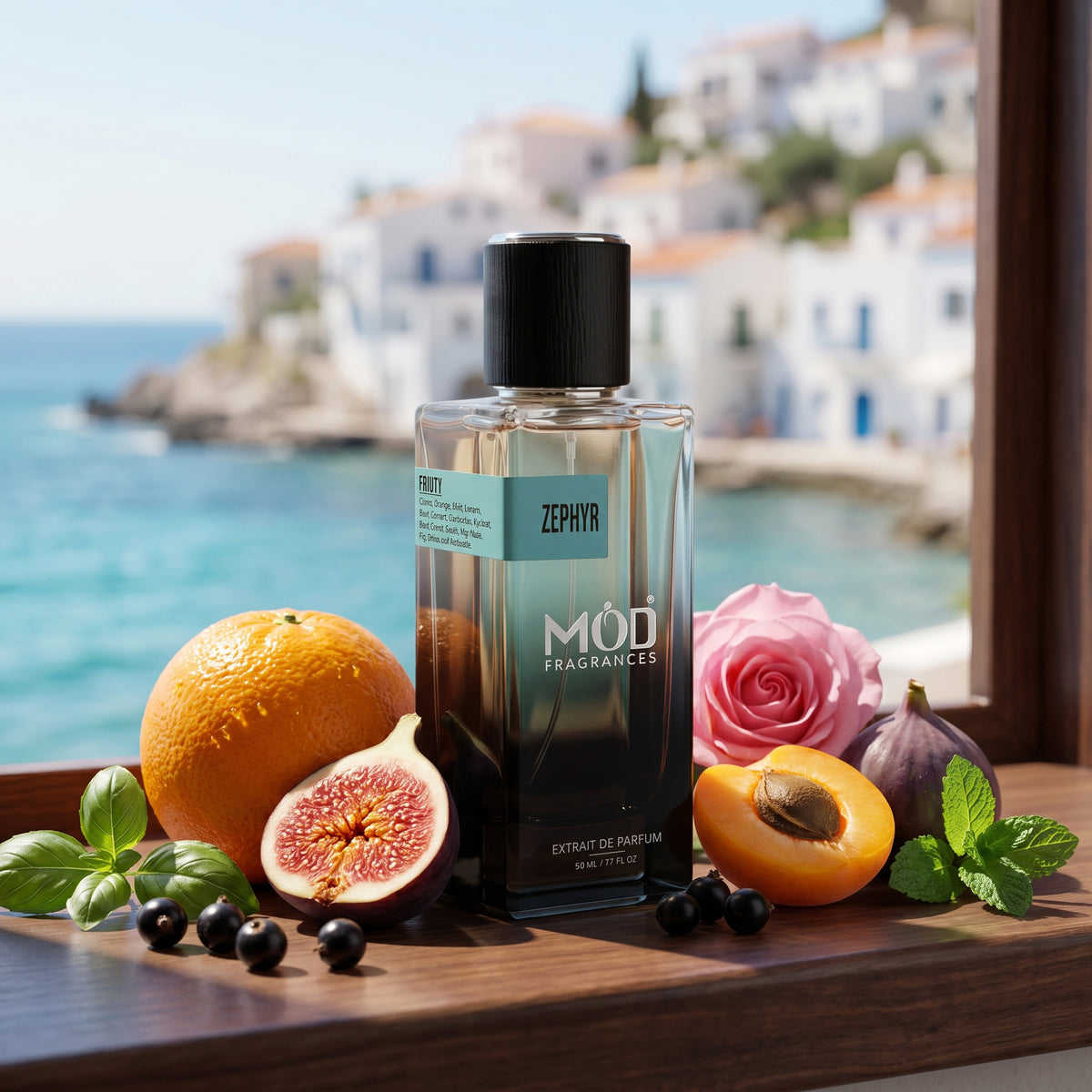 A rectangular glass perfume bottle by MOD Fragrances, labeled "Zephyr” is standing upright on sea sand surrounded by its ingredients likeCitron, Orange, Mint, Lemon, Black Currant, Coriander,	Apricot, Basil, Carrot Seeds and May Rose,	Fig, Dates and Ambrette., on sunny day at beach in the background, highlighting bottle and its ingredients.