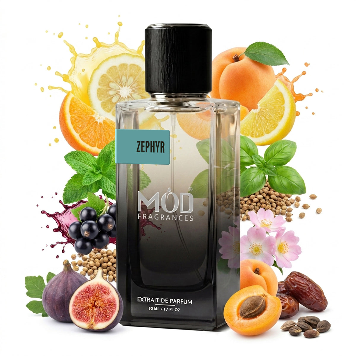 A glass perfume bottle by MOD Fragrances, labeled “Zephyr” is surrounded by a vibrant artistic arrangement of its fragrance ingredients, Citron, Orange, Mint, Lemon, Black Currant, Coriander,	Apricot, Basil, Carrot Seeds and May Rose,	Fig, Dates and Ambrette., against a white background.