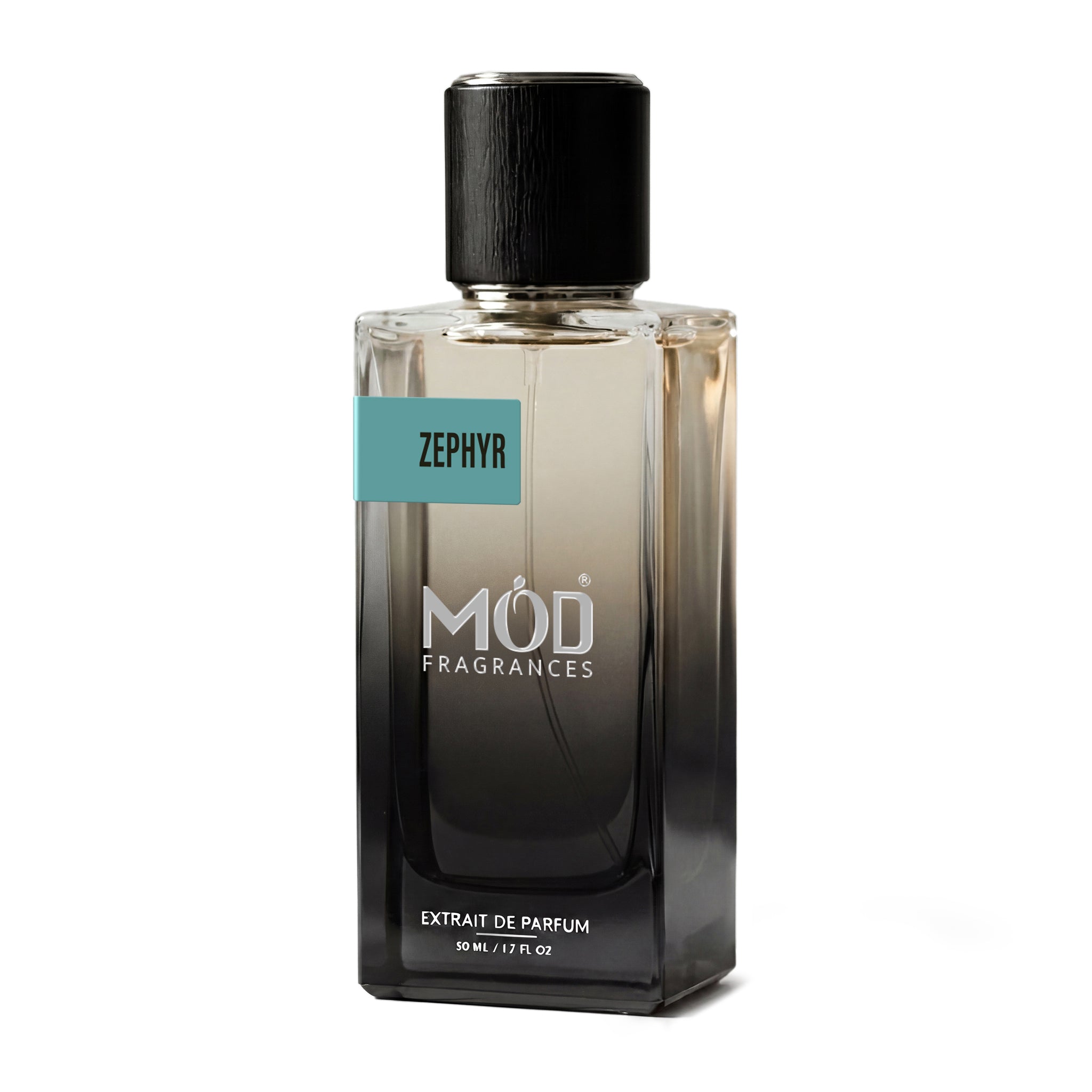 A rectangular glass perfume bottle by MOD Fragrances, labeled “Zephyr” stands centered against a plain white background, featuring a black cap and a gradient black-to-clear glass finish.