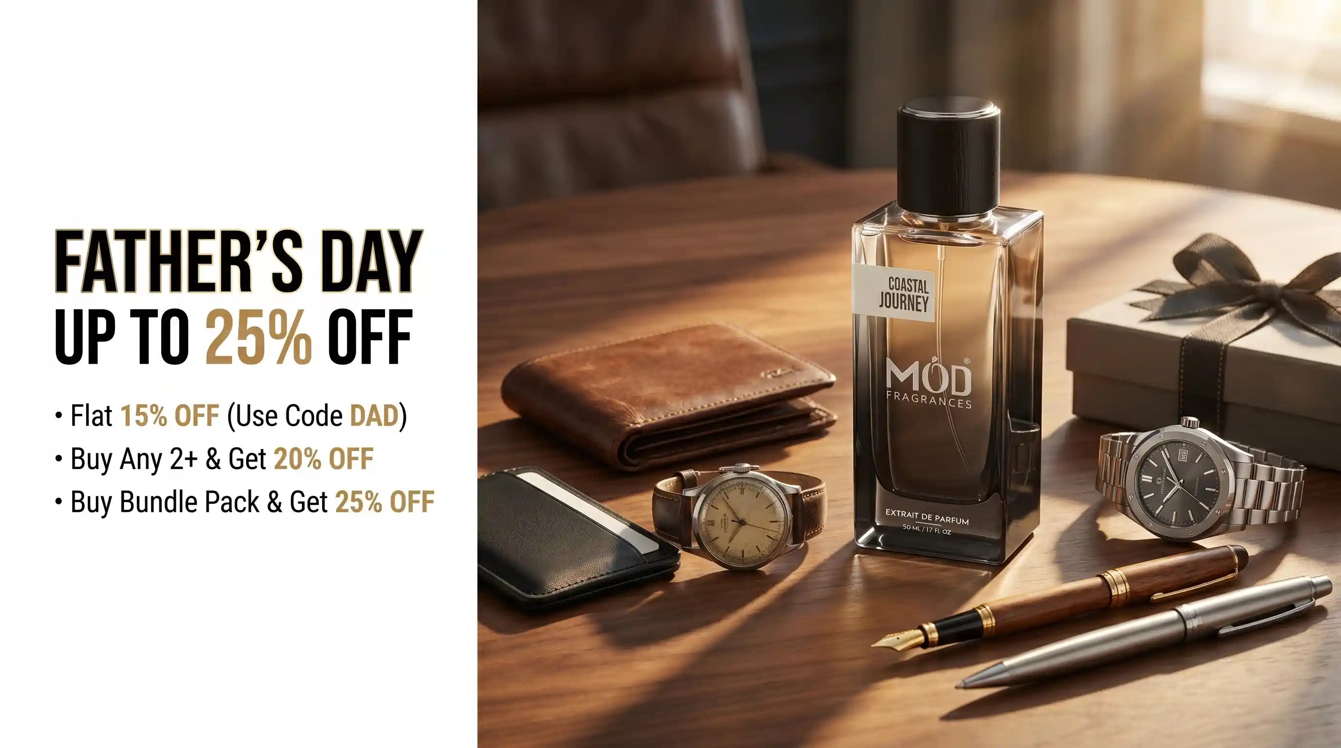 Father's Day sale advertisement with MOD Fragrances designer inspired perfume dupe bottle, watch, wallet, and pen on a wooden surface.