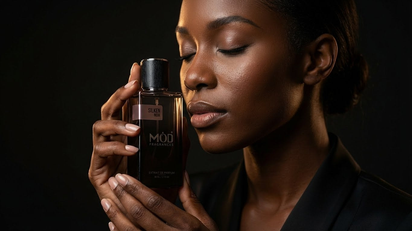 Women Perfume Dupes - Woman holding a bottle of MUD skincare product against a dark background
